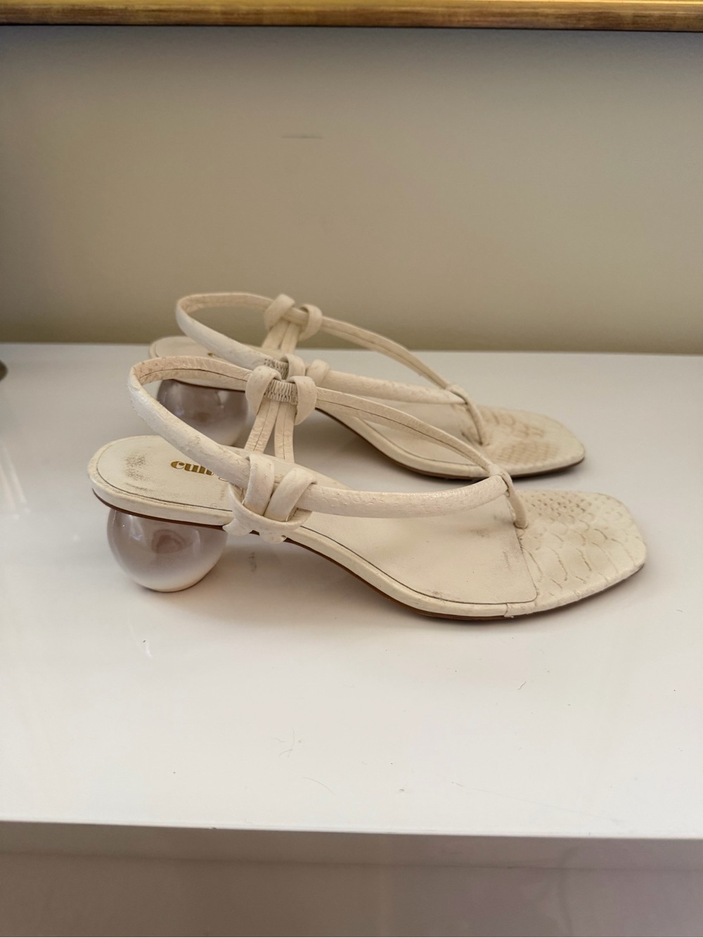 cult gaia Ivory Knotted Strap Sandals with Sculptural Pearl Heel